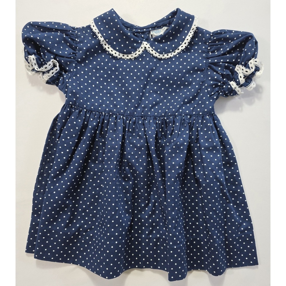 Vintage 90s Nannette Girls Polka Dot Dress Blue Lace Collar 6-12M